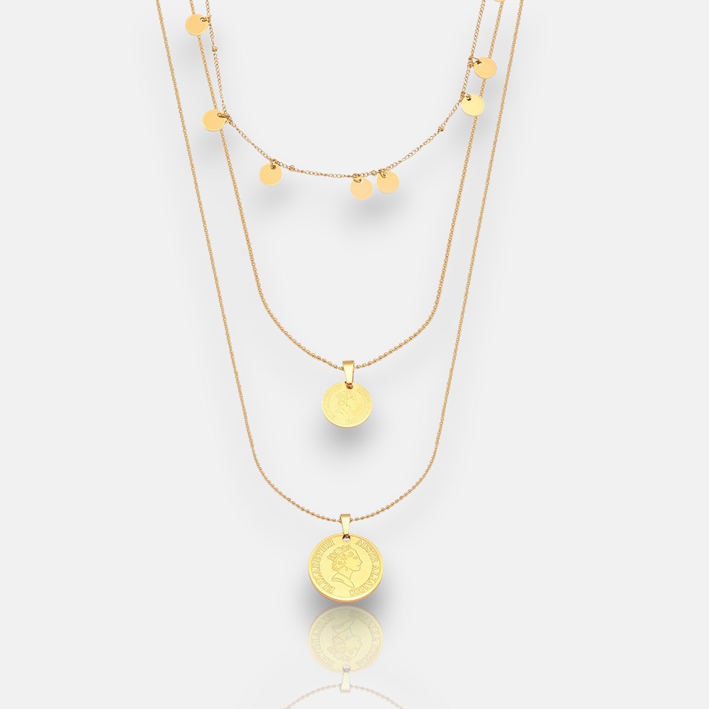 Multi Strand Necklace with Queen Portrait Coin – 18K Gold Plated Layers