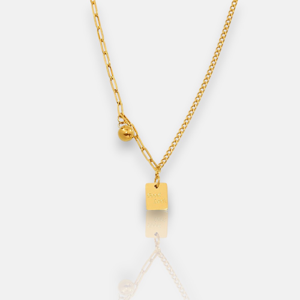 Gold Layered Necklace with “Good Luck” Square Pendant – Mixed Link Design