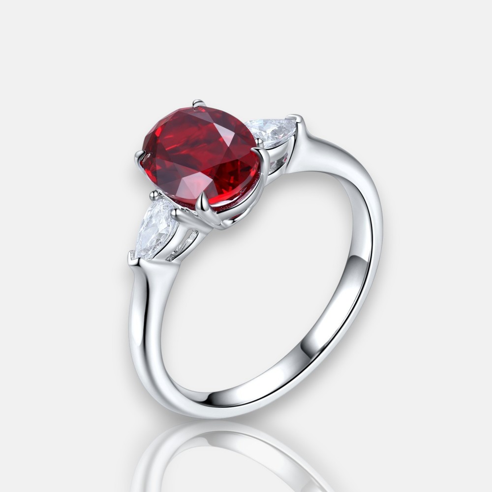 Silver Ruby Ring – 2 Carat Center in Three-Stone Design