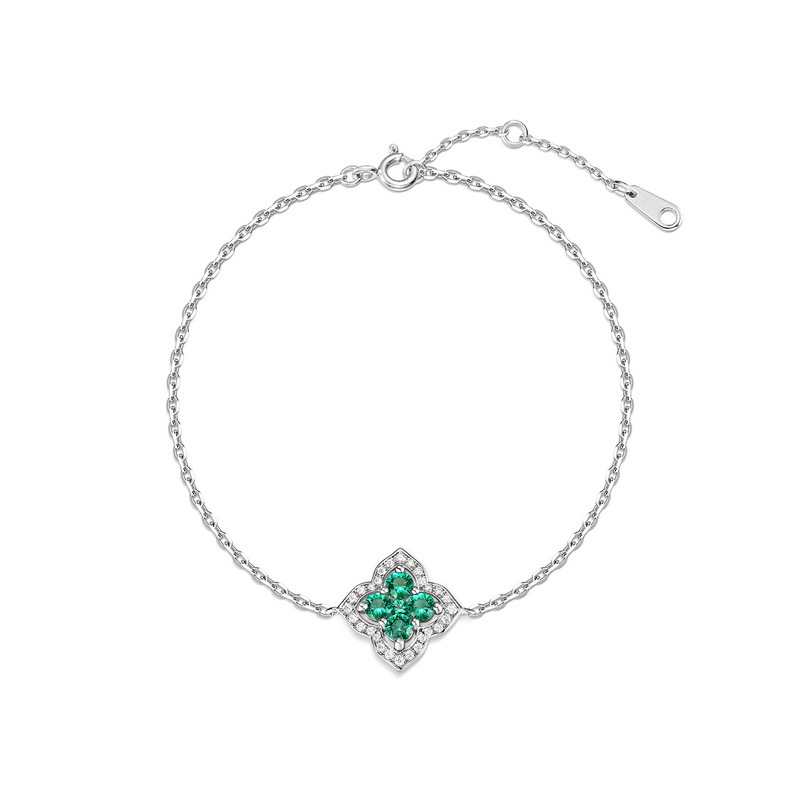 lab-grown emerald four-leaf clover birthstone bracelet S925 silver