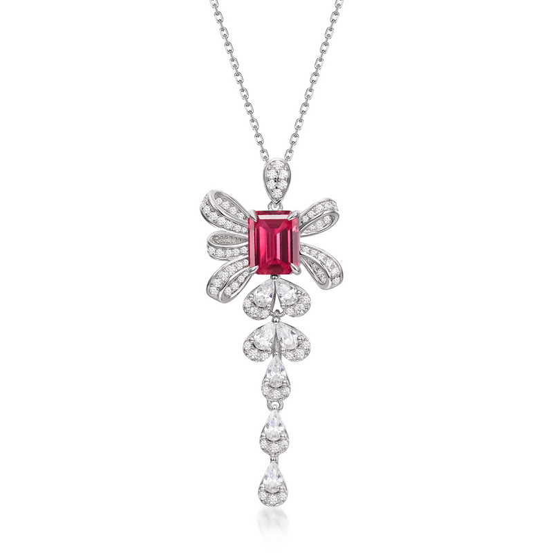 Silver Tassel Necklace – Ruby Bow Pendant in S925 Sterling with Elegant Drape