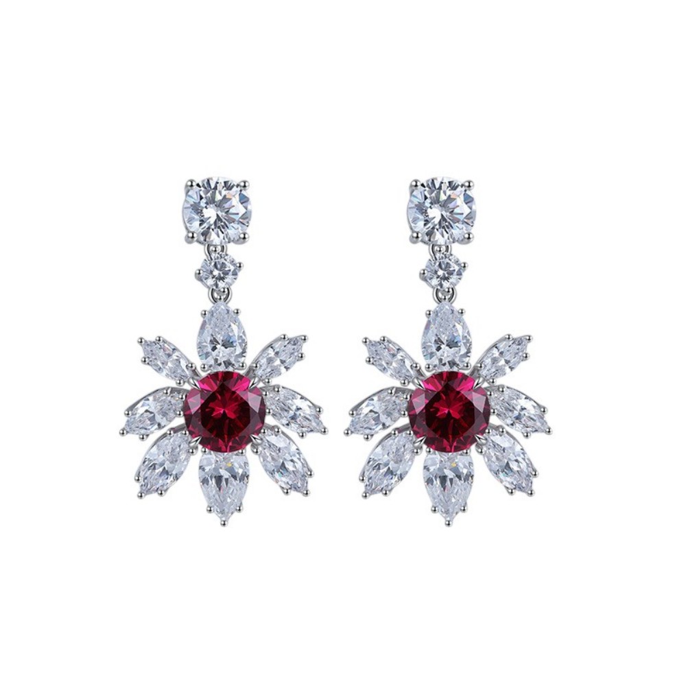 Ruby Flower Stud Earrings – Round Lab-Created Rubies in 925 Sterling Silver