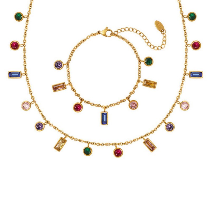 Colorful Cubic Zirconia Jewelry Set – Tassel Necklace & Bracelet