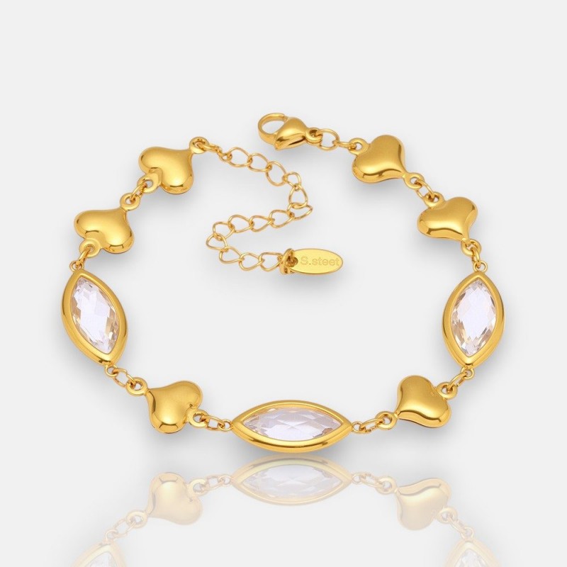 Gold Heart Bracelet – Glass Heart Link Chain in 18K Gold Stainless Steel