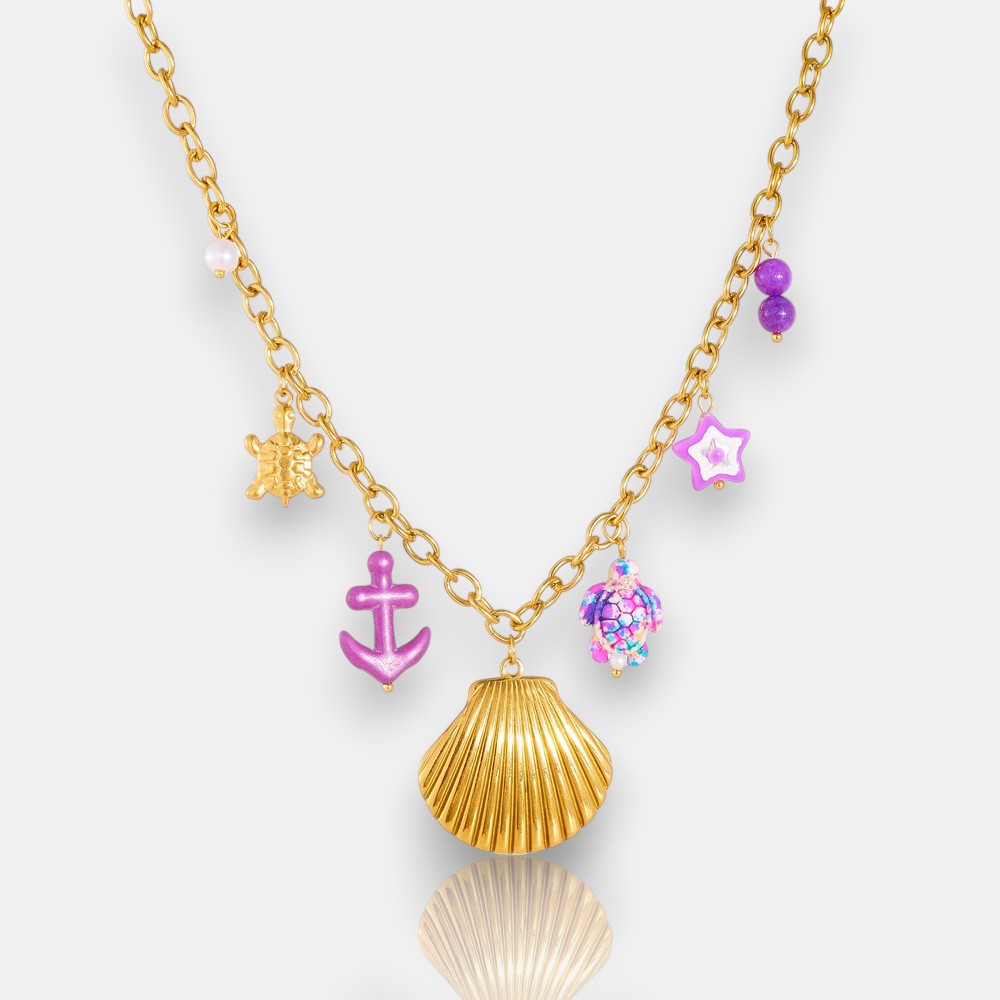 Shell Layered Necklace – Gold Stainless Steel with Turtle & Star Charms