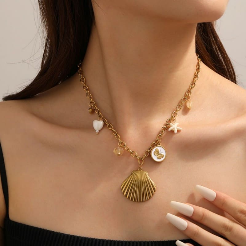 Gold Stainless Steel Necklace – Shell, Butterfly & Starfish Pendant