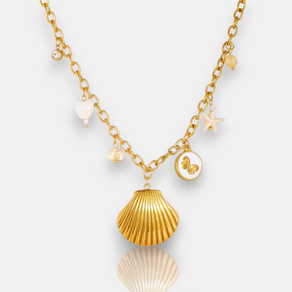 Gold Stainless Steel Necklace – Shell, Butterfly & Starfish Pendant