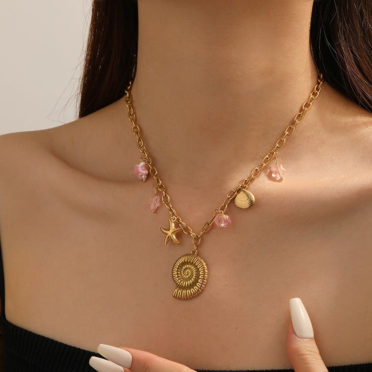 Starfish Charm Necklace – Gold Stainless Steel with Seashell Accents