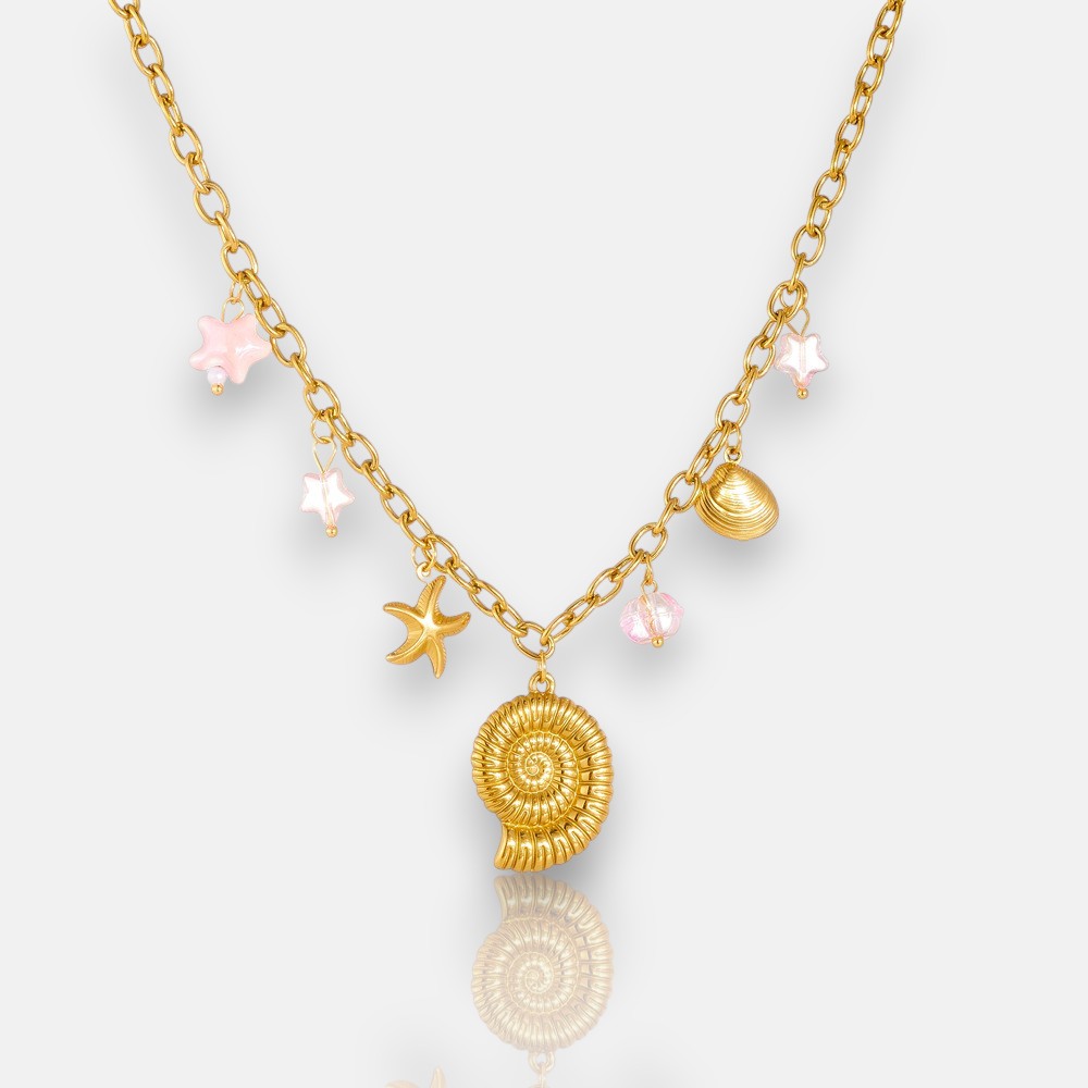 Starfish Charm Necklace – Gold Stainless Steel with Seashell Accents
