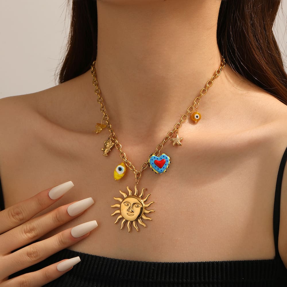 Gold Layering Necklaces – Colorful Cartoon Face & Eye Pendant