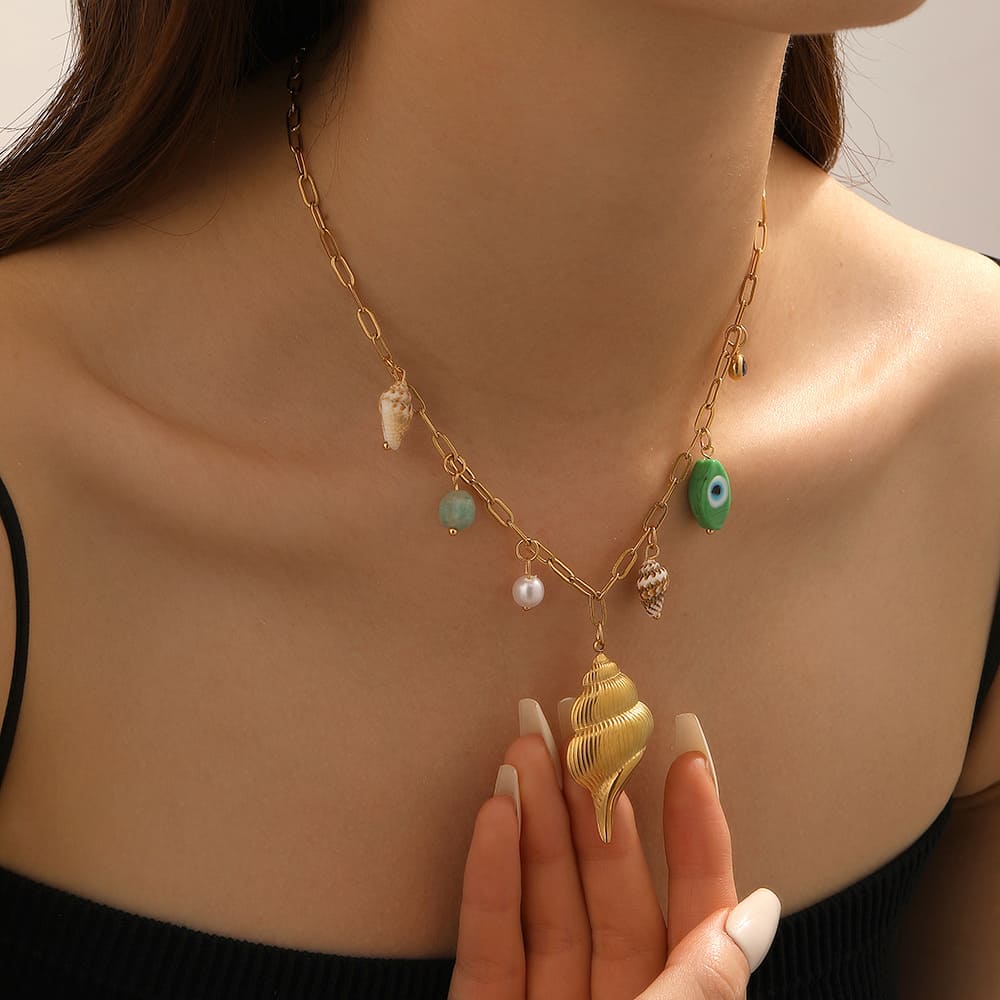 Stackable Gold Necklaces – Green Evil Eye & Shell Pendant