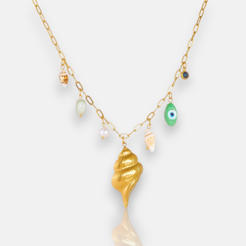 Stackable Gold Necklaces – Green Evil Eye & Shell Pendant