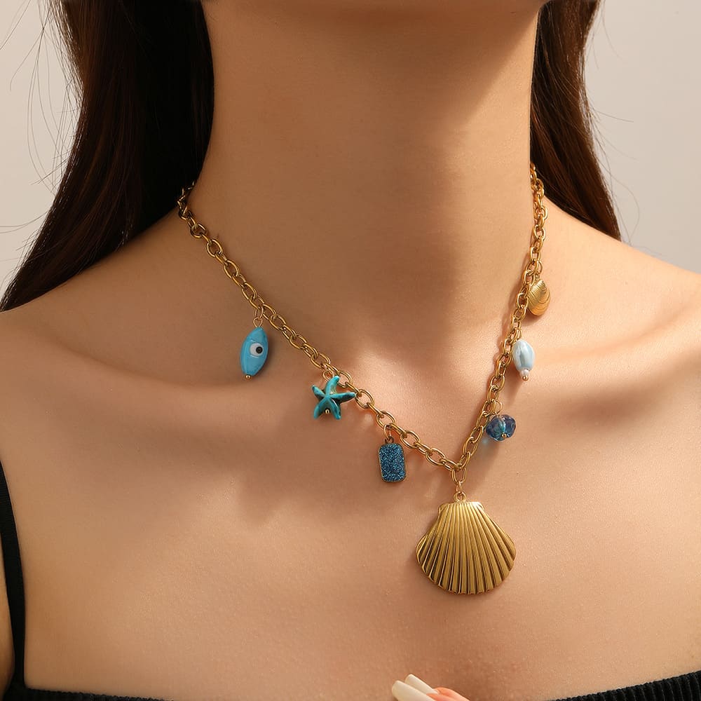 Beach Layering Jewelry – Blue Eye, Shell & Starfish Pendant Necklace