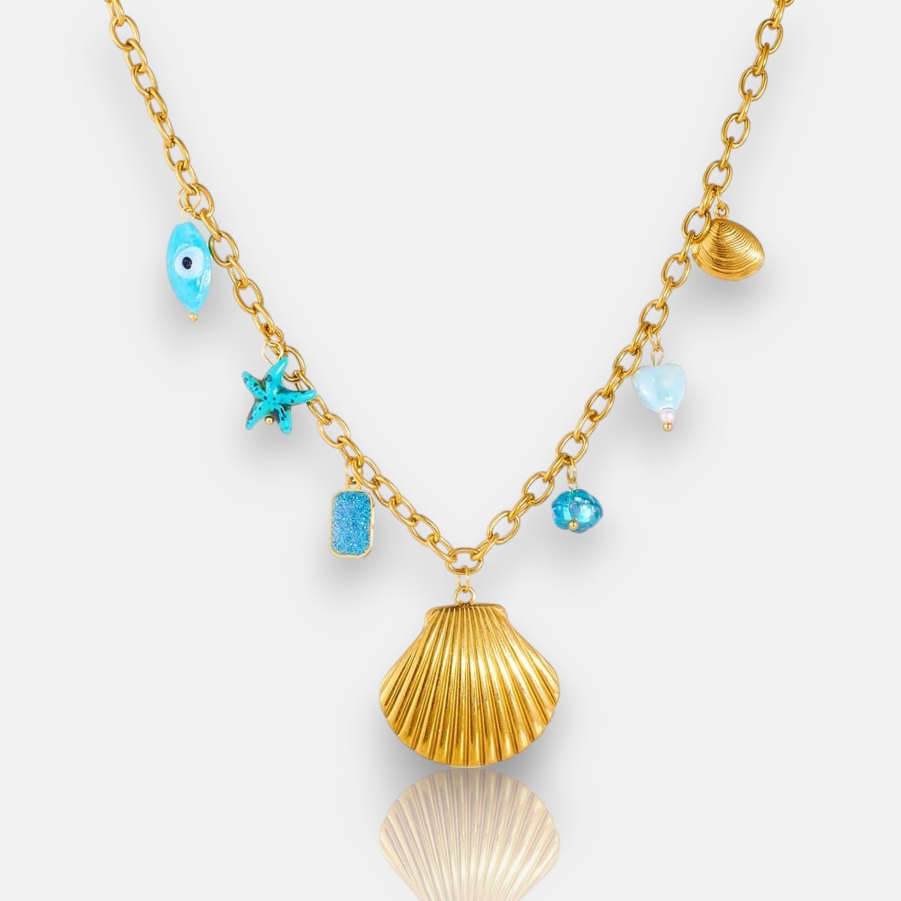 Beach Layering Jewelry – Blue Eye, Shell & Starfish Pendant Necklace