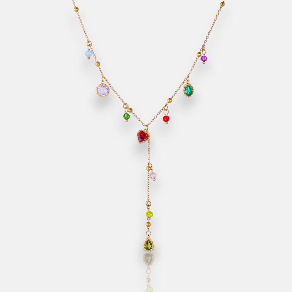 Layered Gold Necklaces – Colorful Gem Heart Y-Pendant Design