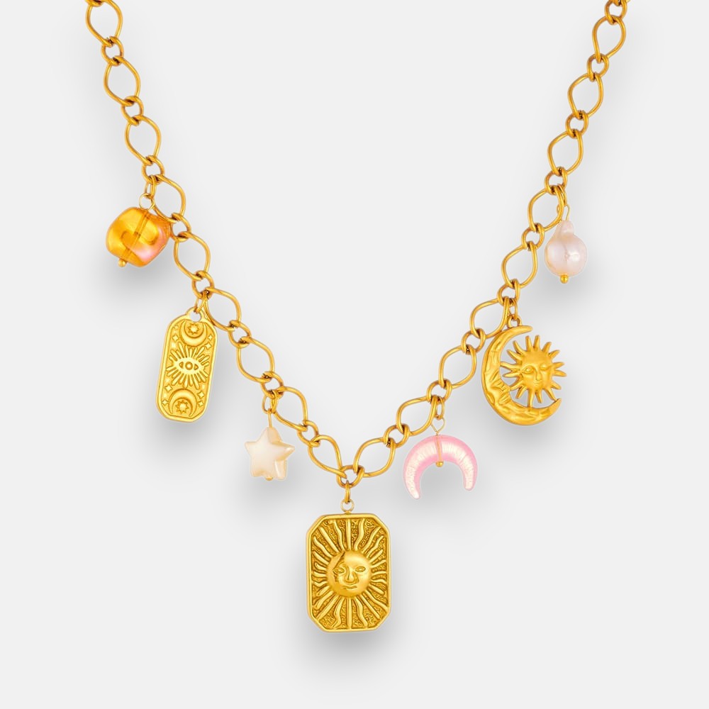 Sun Pendant Necklace with Sun & Moon Relief – Gold Stainless Steel Layering Jewelry