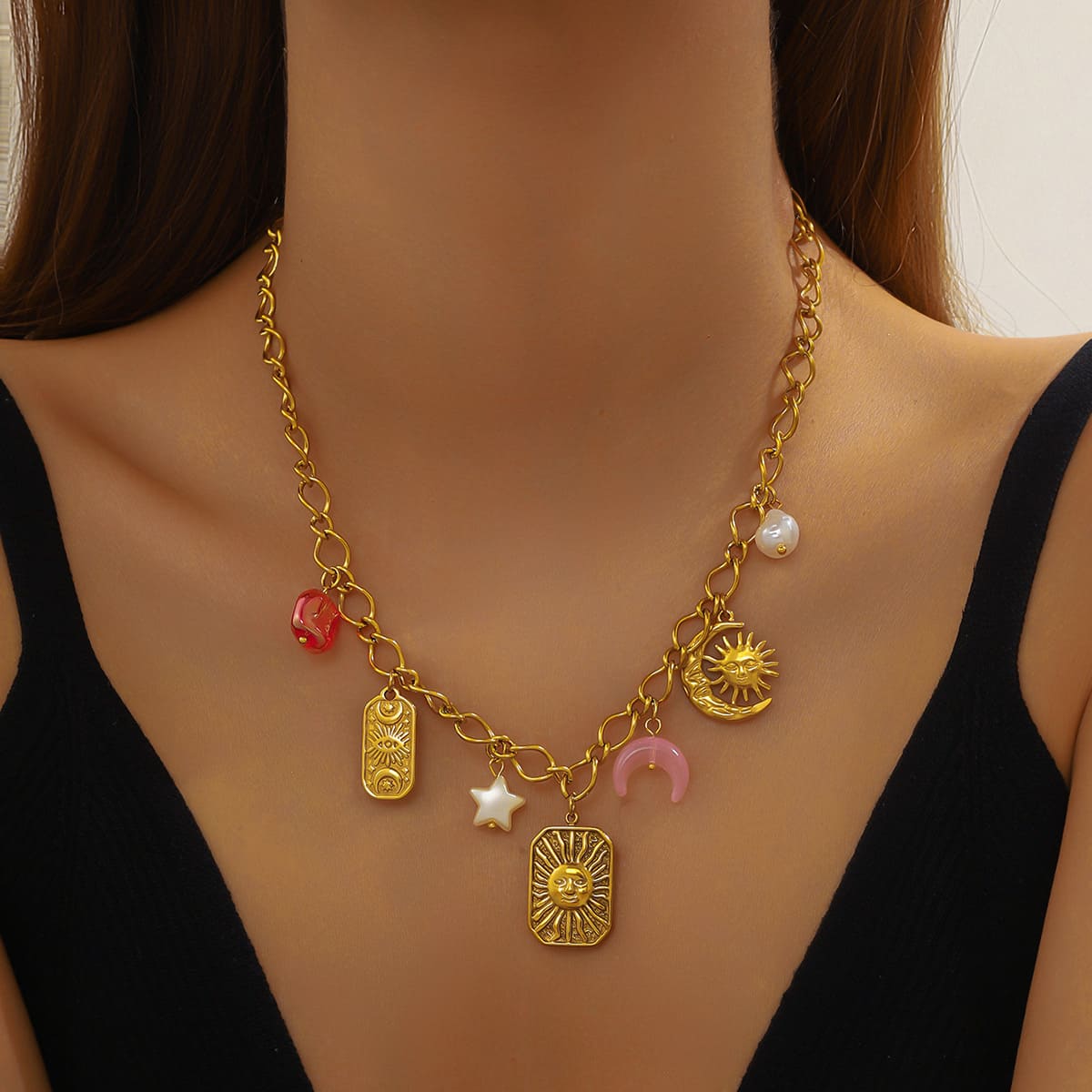 Sun Pendant Necklace with Sun & Moon Relief – Gold Stainless Steel Layering Jewelry