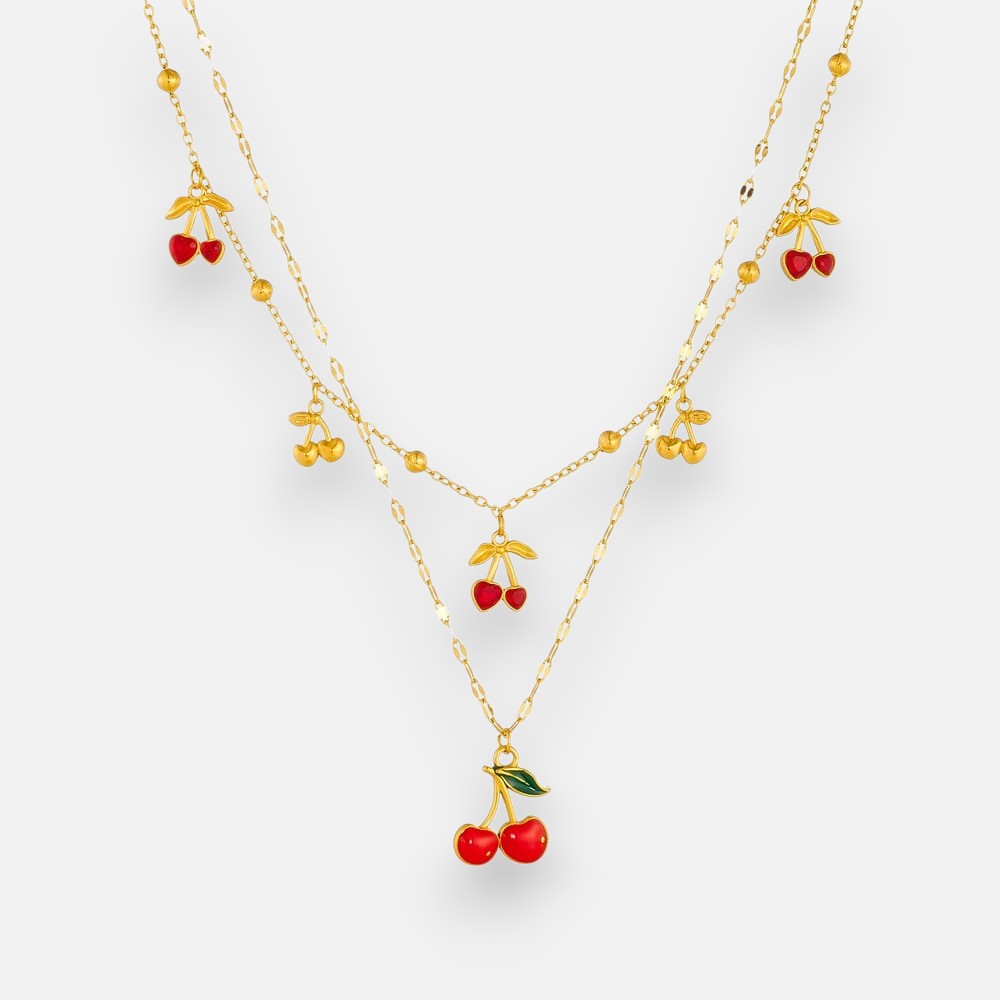 Cherry Pendant Necklace – Gold-Plated Stainless Steel Fruit Charm Layered Chain