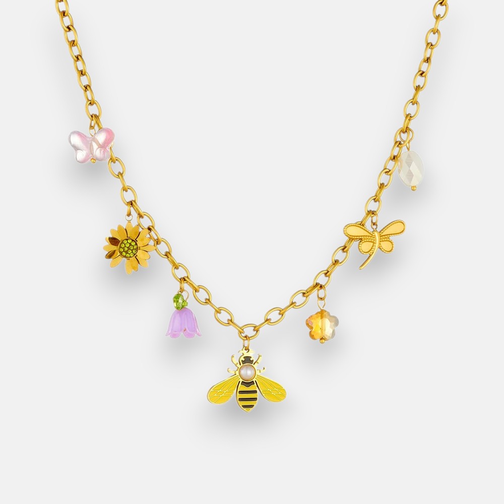 Bee Pendant Necklace – Whimsical Garden Charm with Sunflower & Dragonfly in Gold Stainless Steel