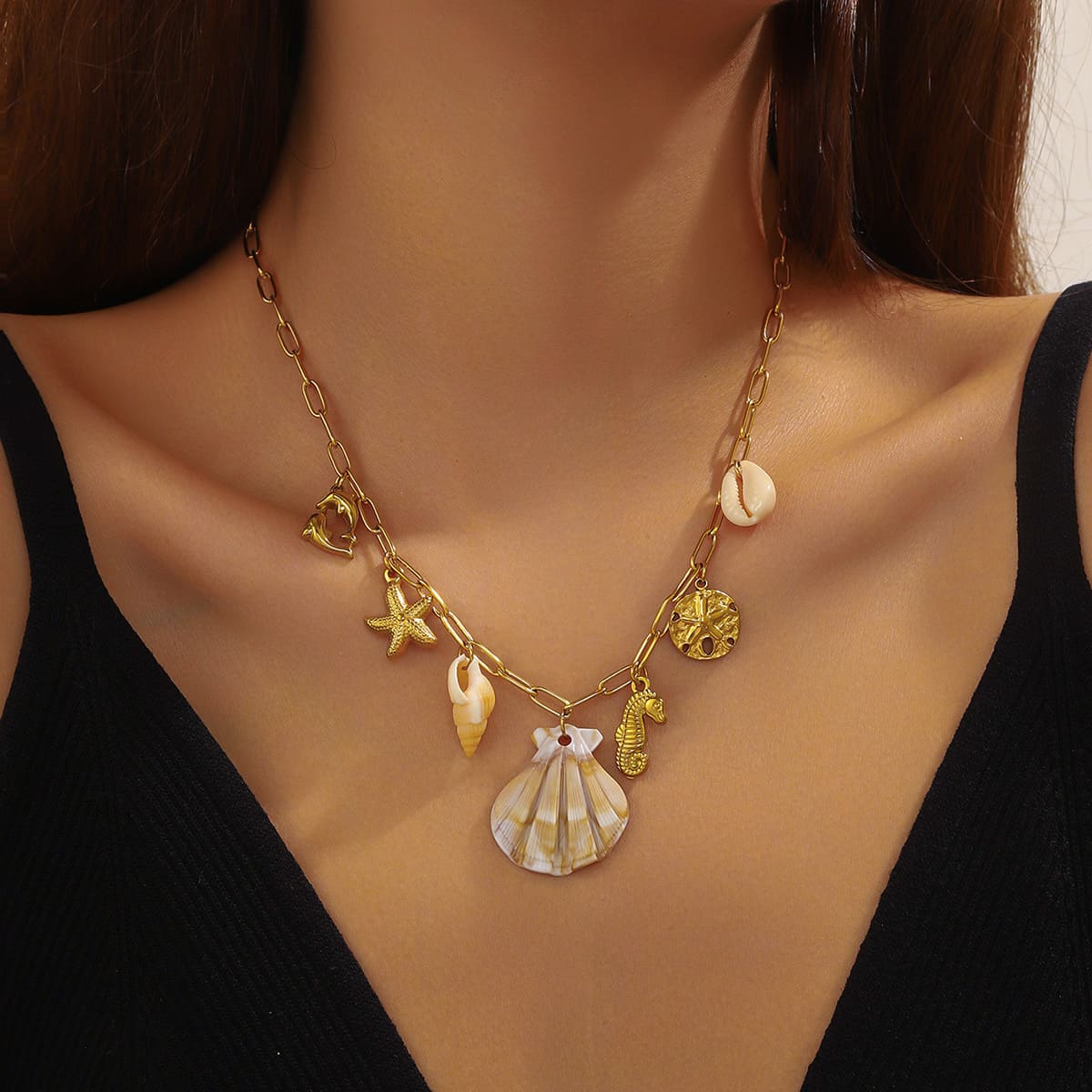 Gold Sea Necklace – Ocean Charm Pendant with Seahorse, Fish, Shell & Starfish