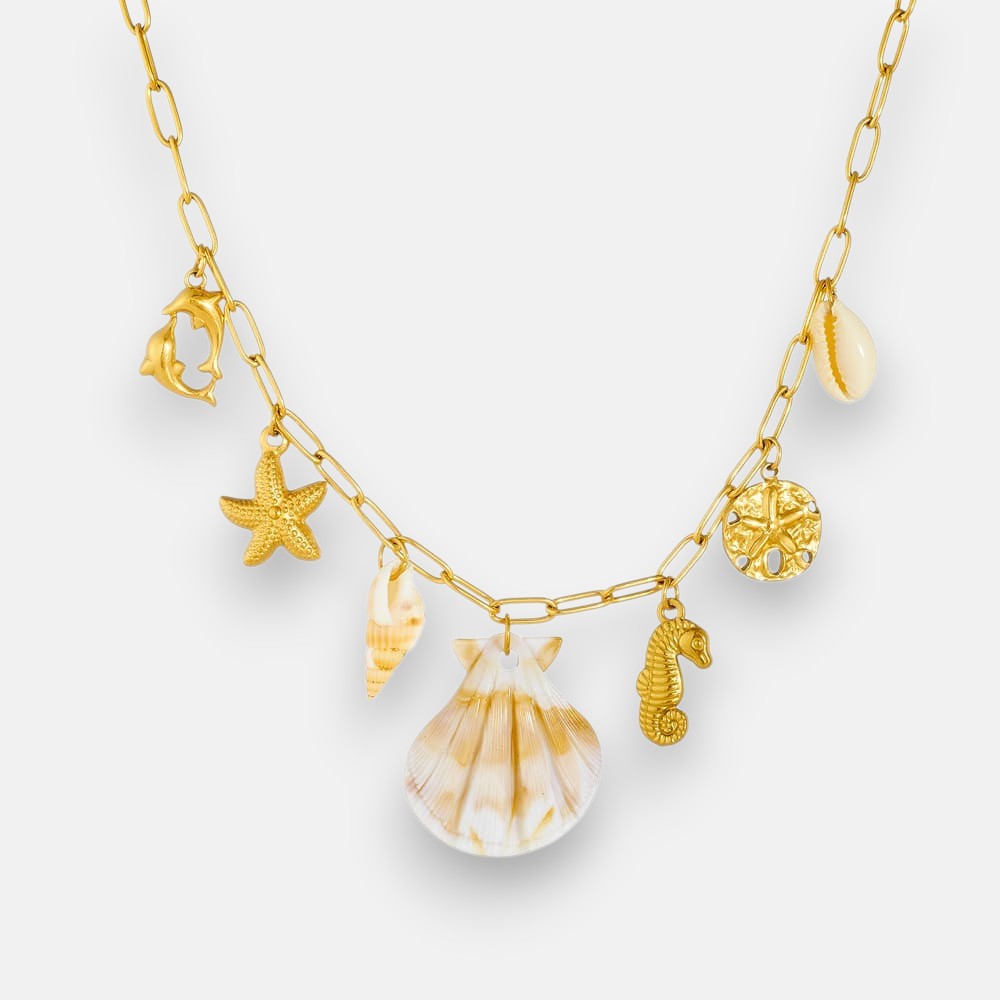 Gold Sea Necklace – Ocean Charm Pendant with Seahorse, Fish, Shell & Starfish