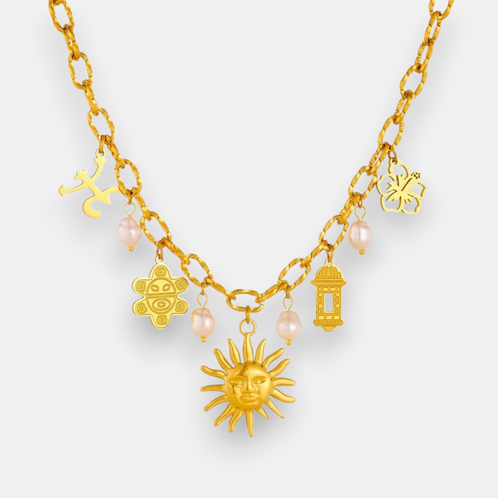 Sun Charm Necklace – Gold-Plated Multi-Pendant Chain with Floral & Pearl Accents