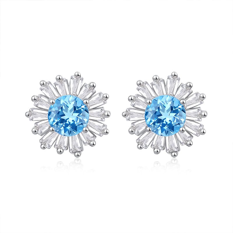 Light blue topaz sunflower studs with silver petals – December birthstone