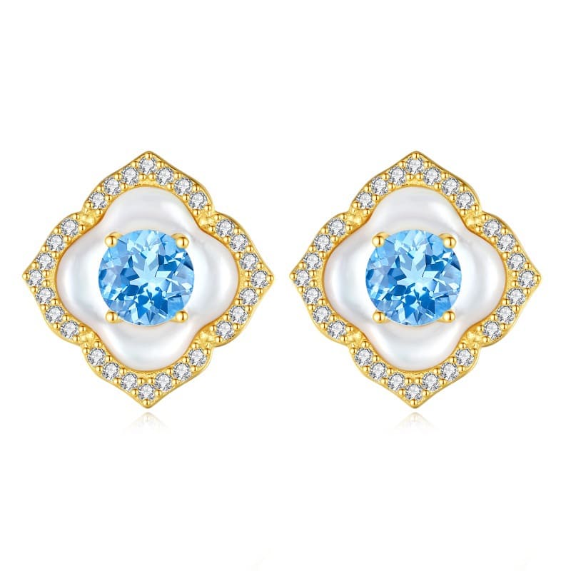 Blue topaz earrings in silver with pearl inlay – December birthstone