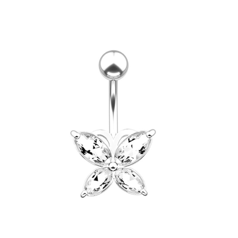 Heart CZ Belly Piercing Ring – Double Gem Curved Barbell 14G