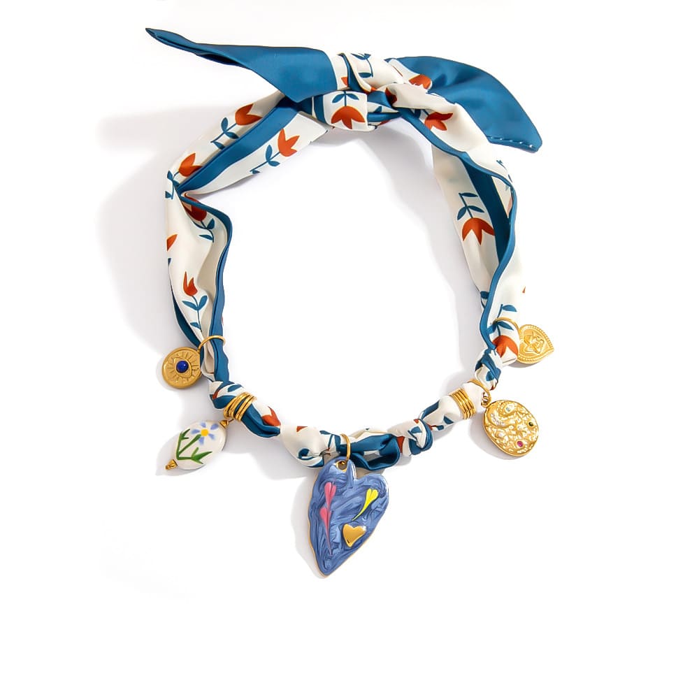 Statement Scarf Necklace – Printed Silk Chain with Heart & Pendant Charms