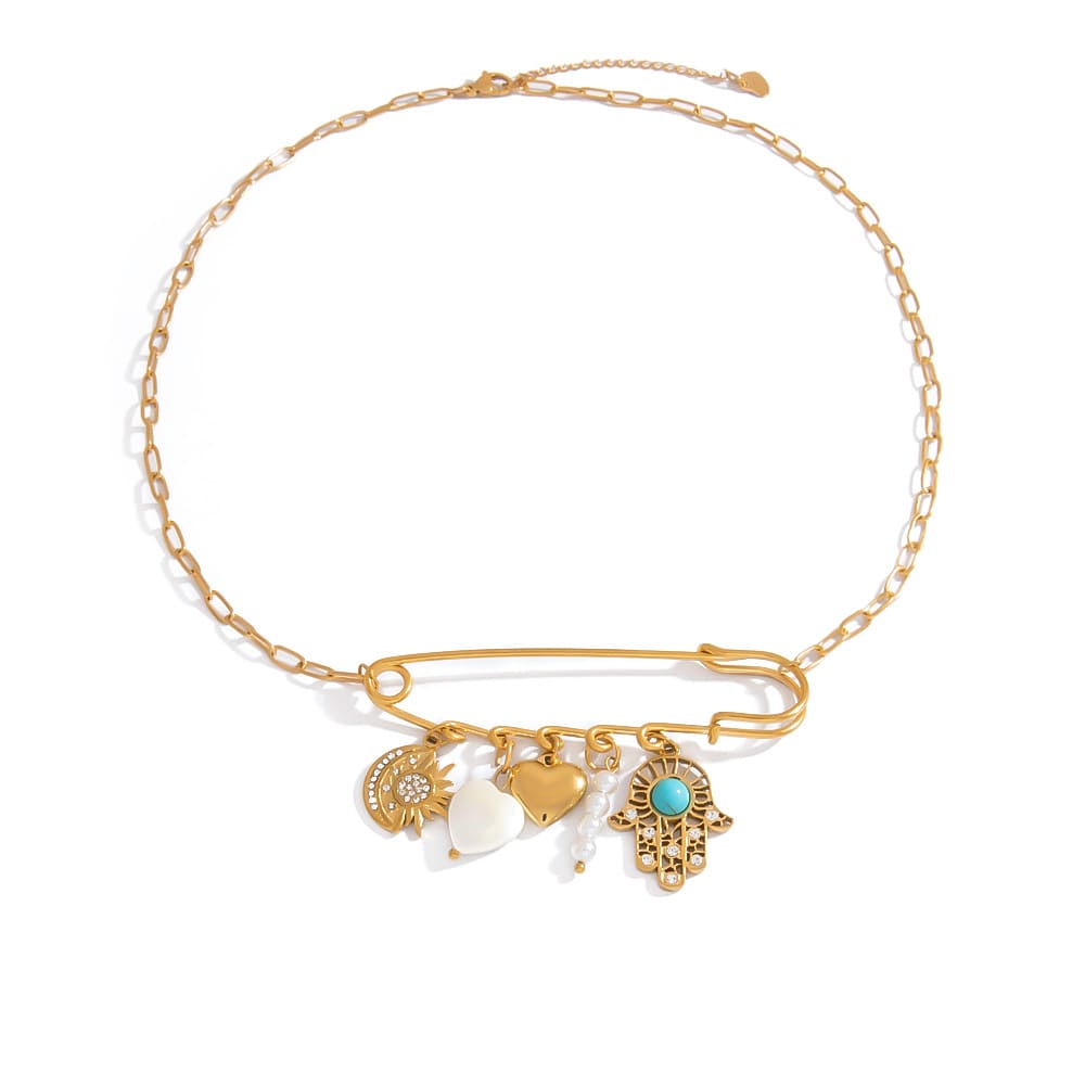 Good Luck Pendant Necklace – Gold Plated Evil Eye, Hand & Pearl Charm