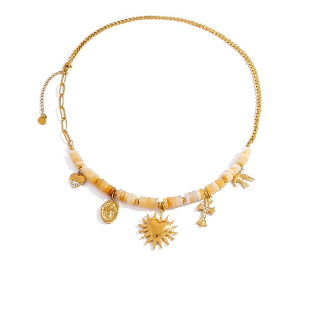 Beaded Chain Necklace – Natural Stone Beads with Heart & Cross Pendant