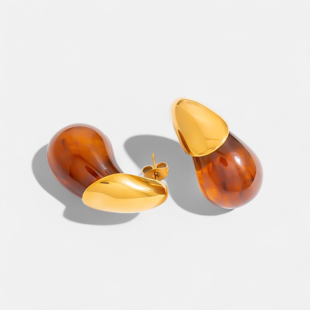 18K Gold Plated Earrings – Minimalist Stainless Steel Drop Hoops with Stone & Acrylic Pendant