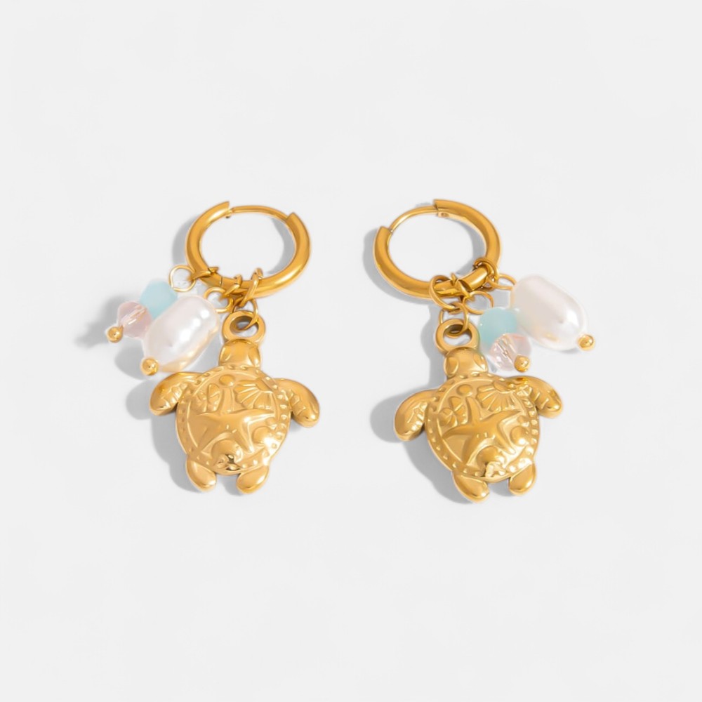 Gold Plated Earring Set – 5-Piece Ocean Style Studs with Pearl & Stone