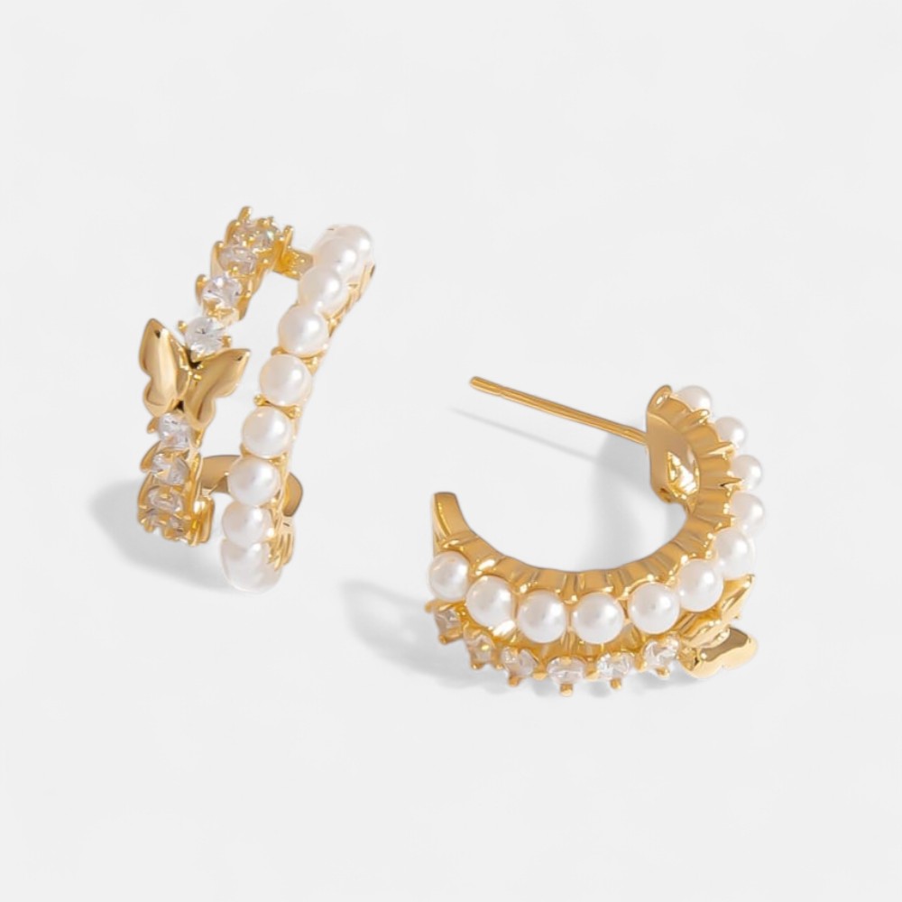 Gold Plated Stud Earrings – 925 Silver Butterfly, Pearl & CZ C-Shape Studs (3 Styles)