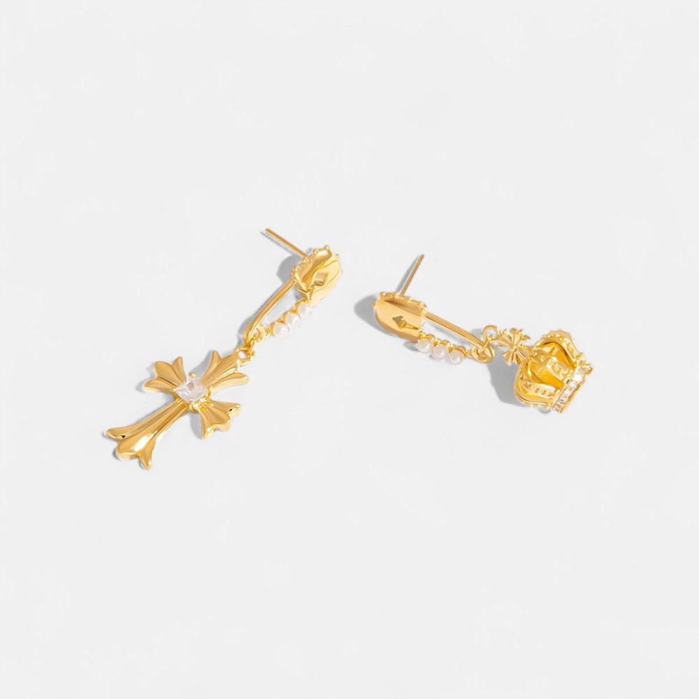 Cross Earrings – Asymmetrical Crown, Star & Moon Studs with 925 Silver Posts (3 Styles)