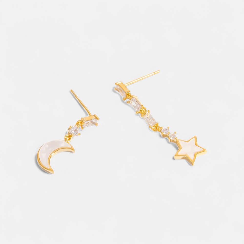Gold Plated Earrings Studs – Asymmetrical CZ, Pearl & Floral C-Hoop Drops (3 Styles)