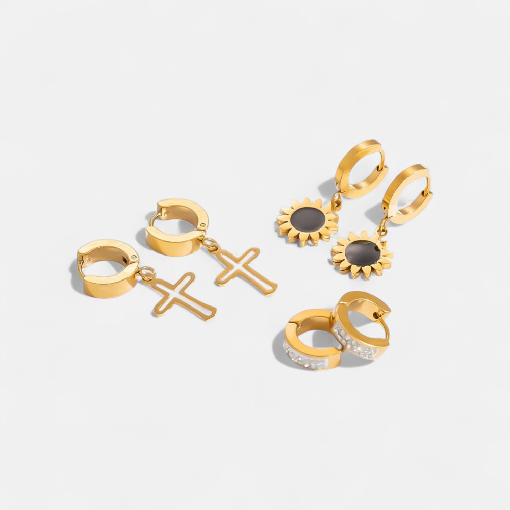 Gold Plated Earring Set – Butterfly, Cross & Pearl Studs with Round Bead & Heart Dangles (3-Piece)