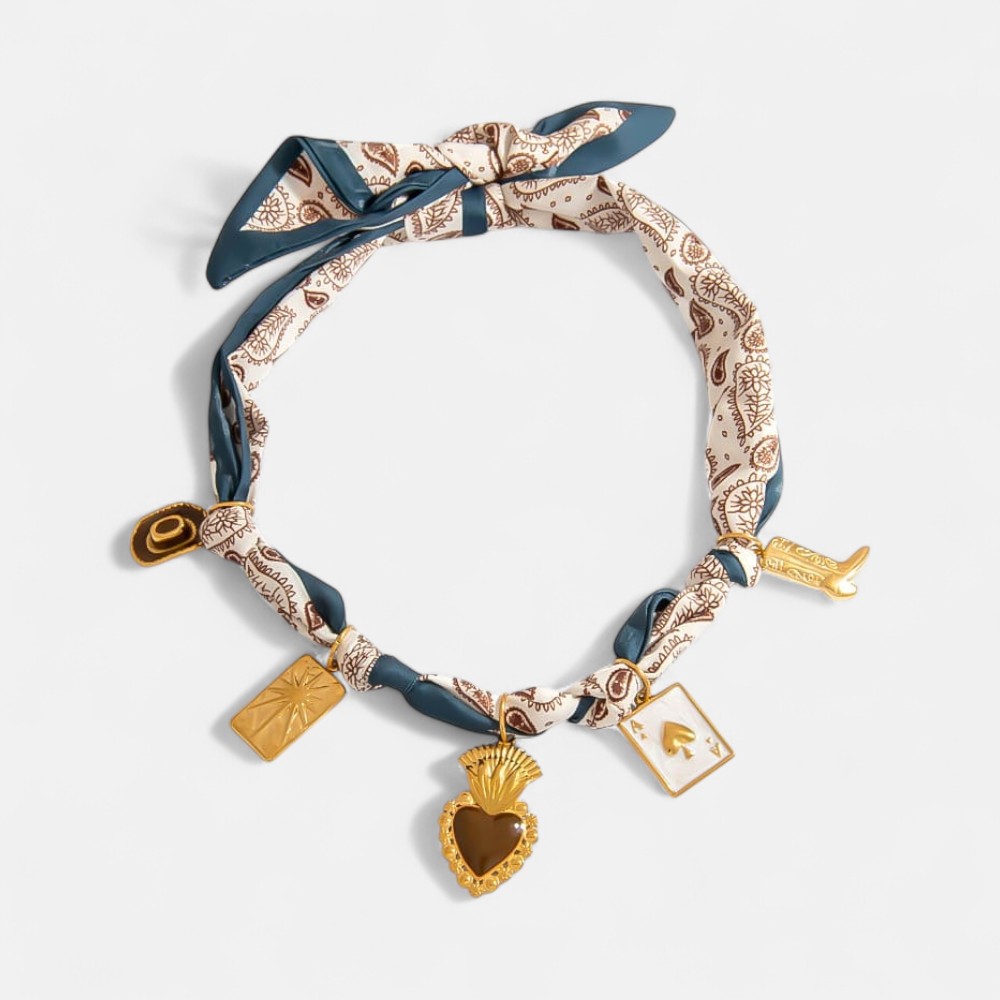 Affordable Bridesmaid Necklace – Printed Scarf Pendant with Heart & Playing Card Charms