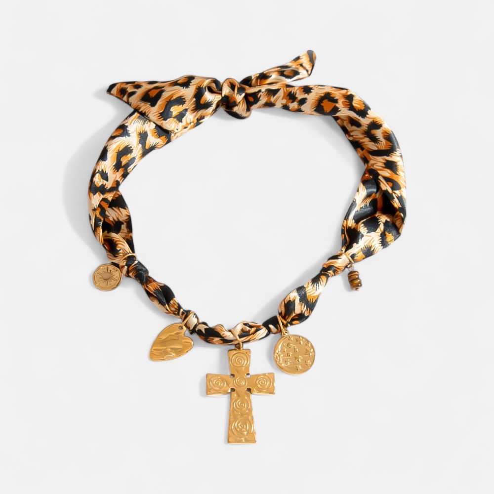Fashion Scarf Necklace – Leopard Print with Creative Cross Pendant