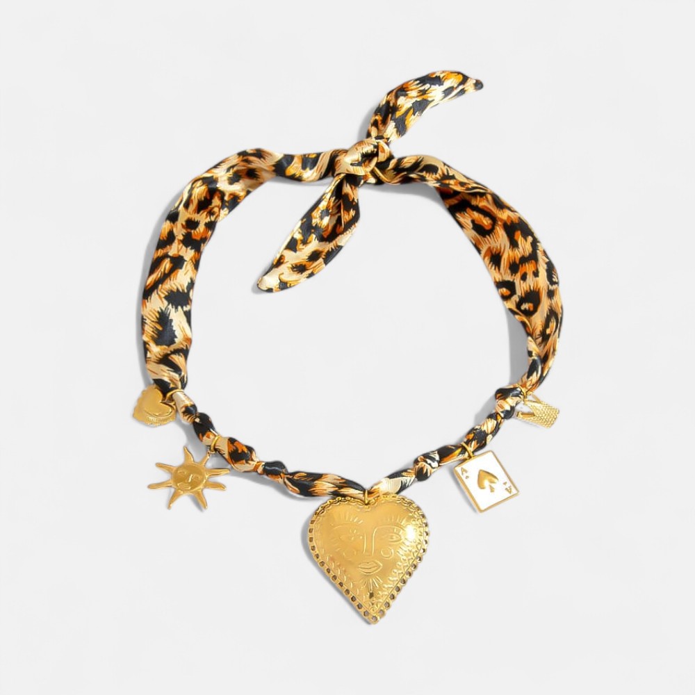 Statement Scarf Necklace – Leopard Print with Heart & Poker Charms