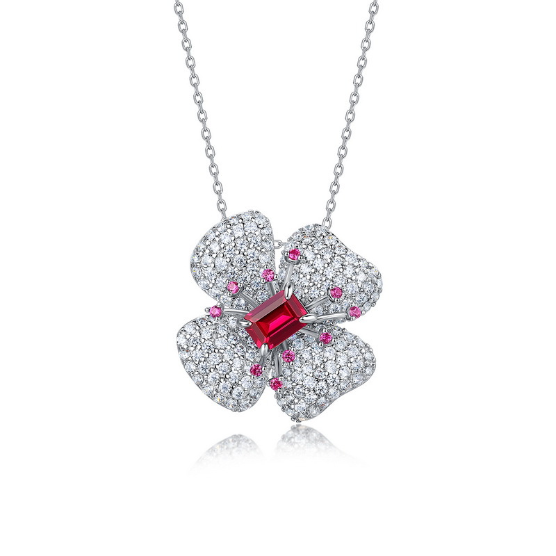 Four-Leaf Clover Sapphire Necklace S925 Sterling Silver with Full Pavé Diamonds