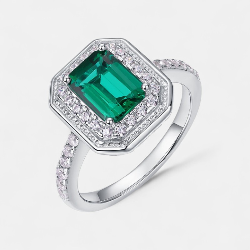 Natural Elongated Cushion Cut Diamond Engagement Ring – S925 Silver Lab Emerald Cocktail Style