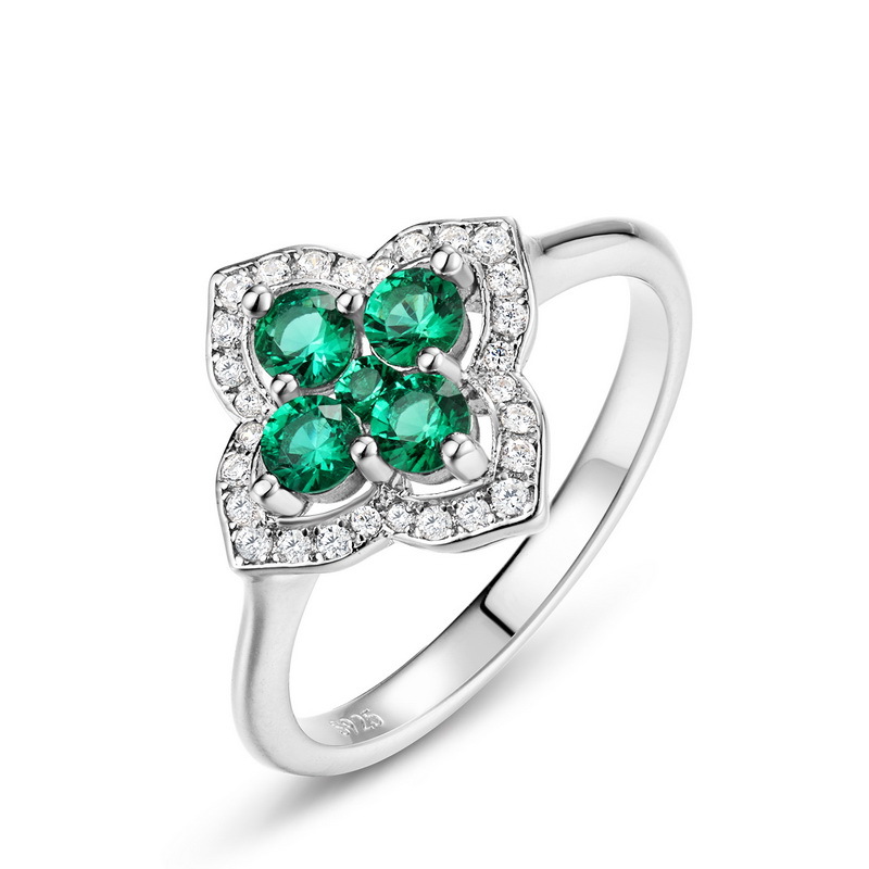 Sterling Silver Engagement Ring – Clover Leaf Lab Created Emerald