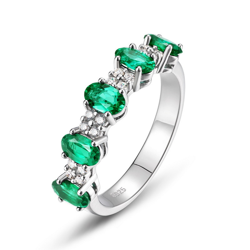 S925 Engagement Ring – Lab Created Emerald with Single Row Stones