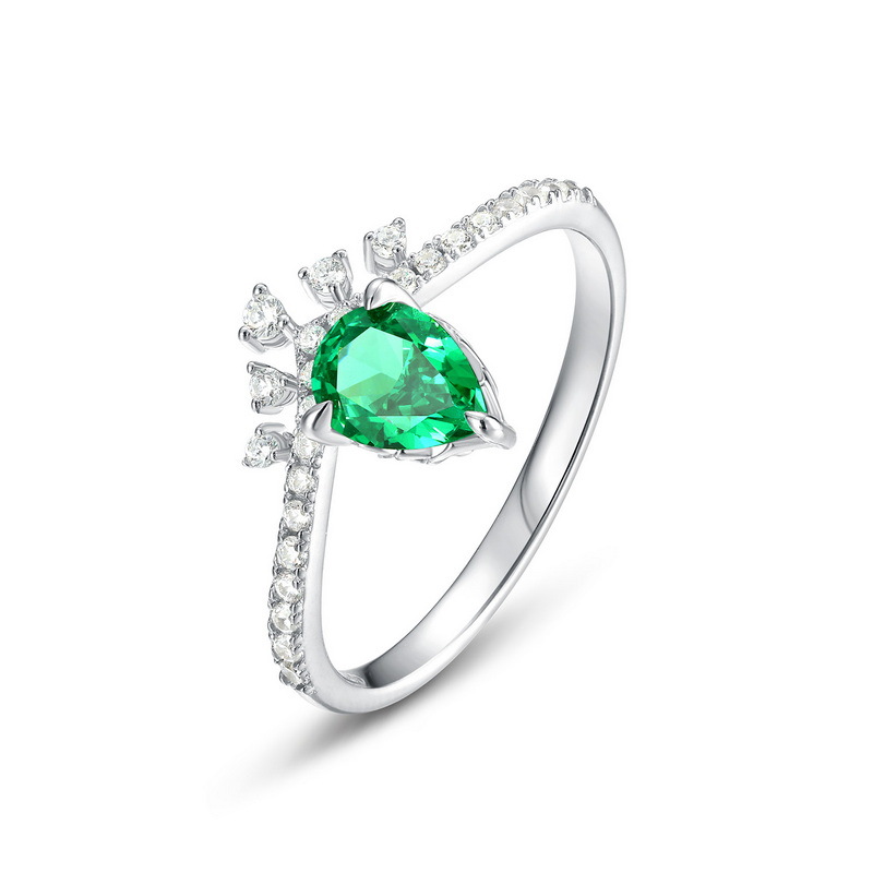 Pear Shaped Gemstone Ring – S925 Silver Lab Emerald Crown Ring