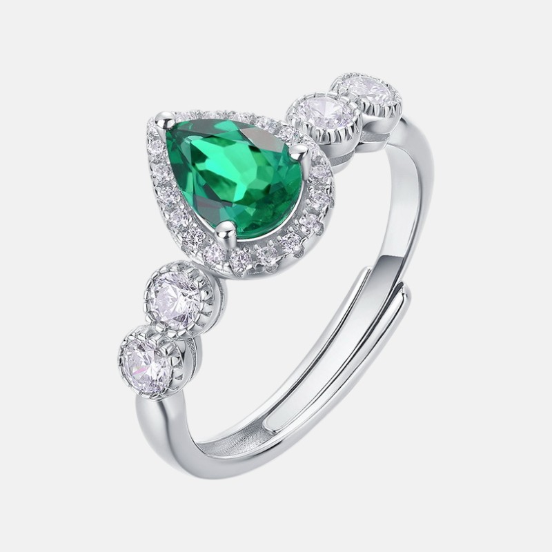 Pear Shaped Three Stone Ring – S925 Silver Lab Emerald Open Band