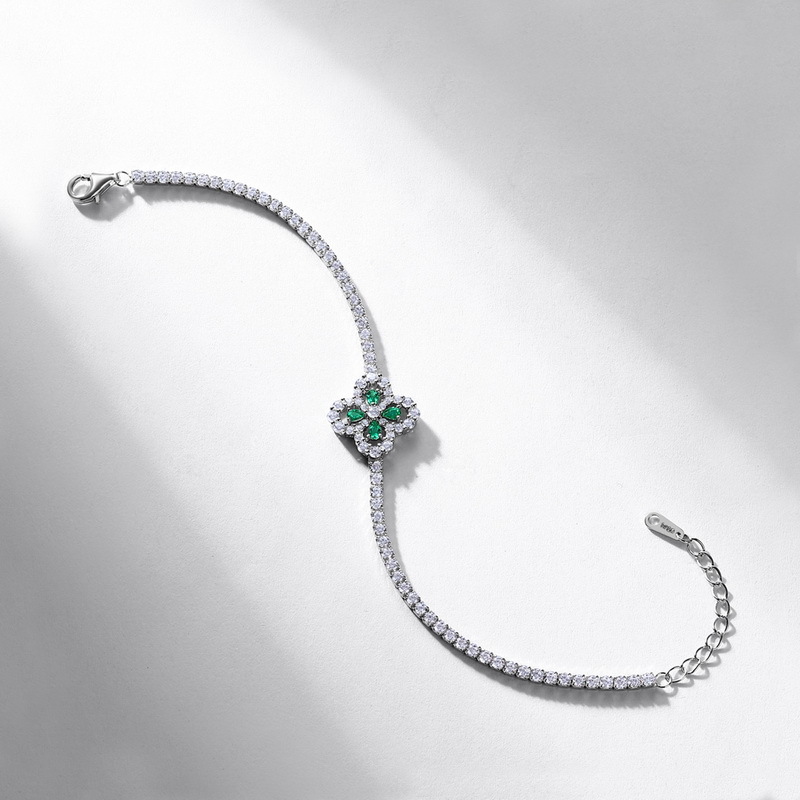 Emerald Silver Bracelet – Vintage Four-Leaf Clover S925 Jewelry