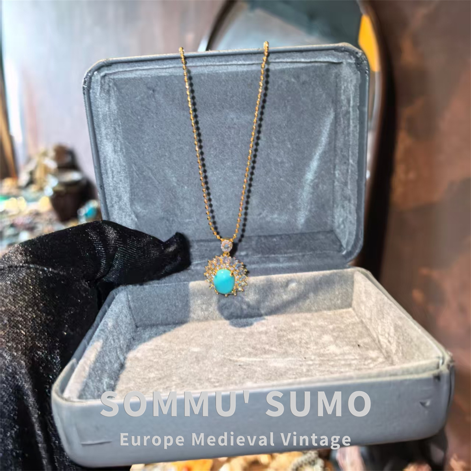 Pendant Necklace and Ring-Inspired Turquoise Vintage Jewelry Set – Necklace & Earrings