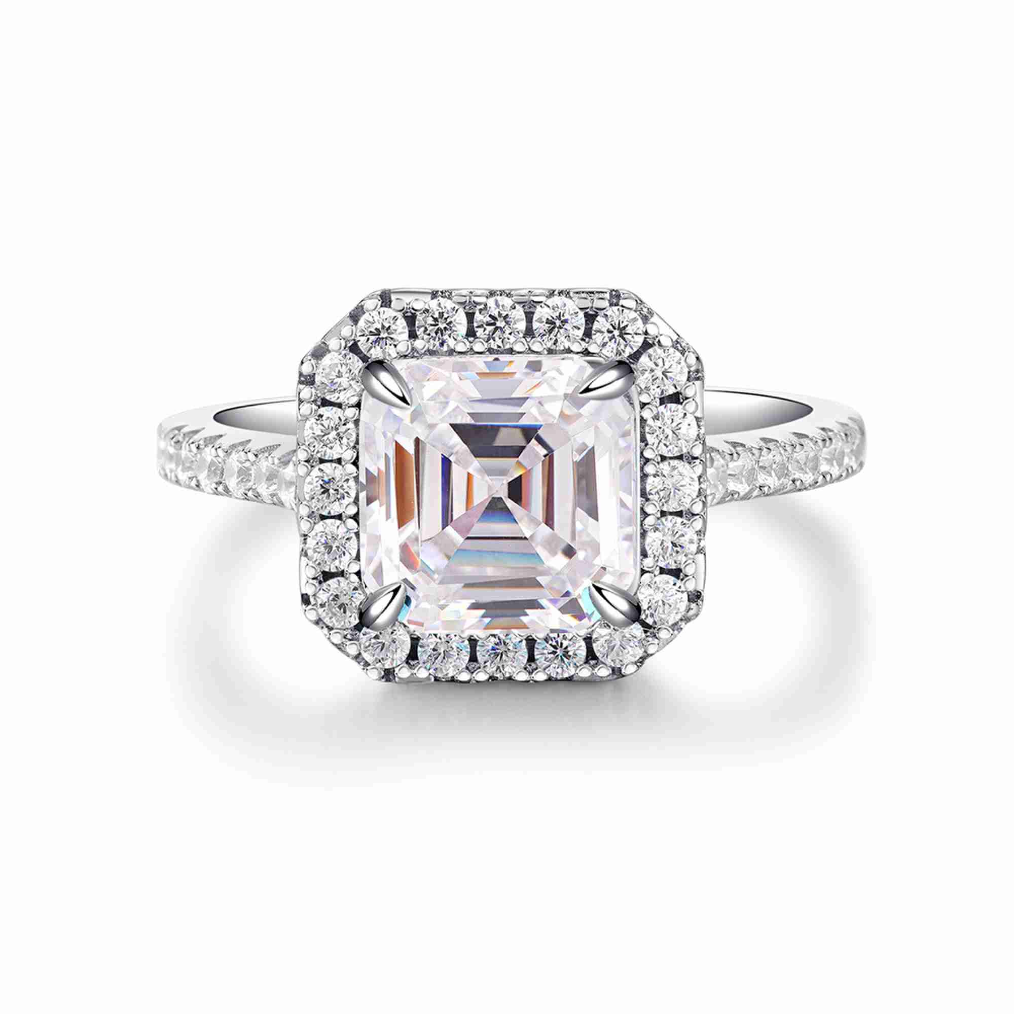 S925 silver halo ring with white diamond CZ, Asscher cut, size US 7